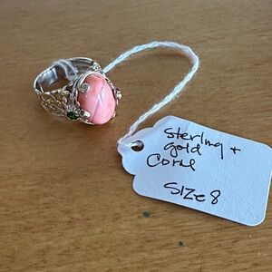 Sterling Silver 925 Filigree Ring with Pink Coral Stone Size 8